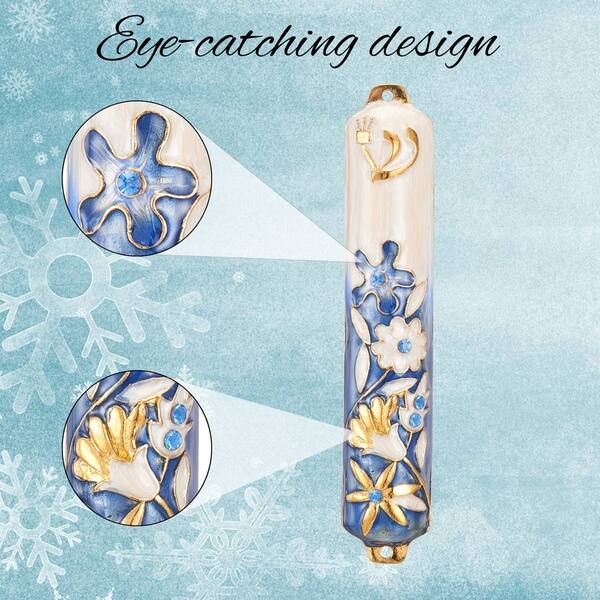 Blue and Gold Mezuzah with Flower Design