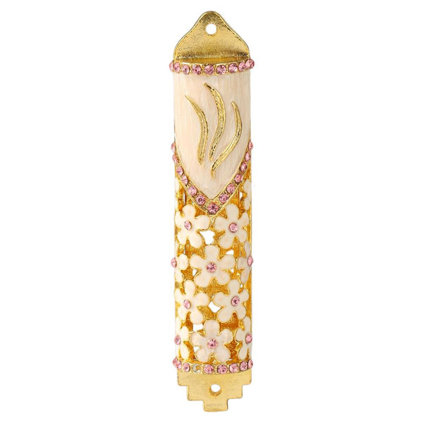 Gold and Pink Mezuzah with Floral Design