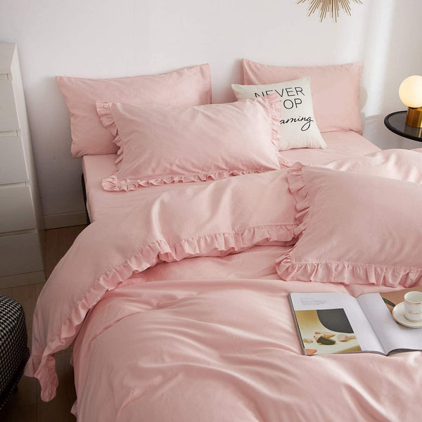 Luxurious Ruffle Edge Duvet Cover Bedding Set, Pink