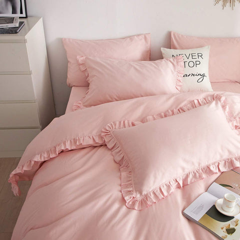 Luxurious Ruffle Edge Duvet Cover Bedding Set, Pink