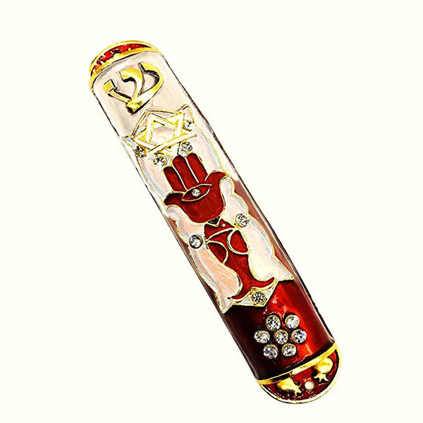 Red and White Mezuzah with Crystals