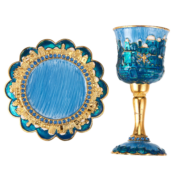 Kiddush Cup Set, Jerusalem Design Blue
