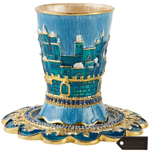 Kiddush Cup Set, Stemless Jerusalem Cityscape Design Blue