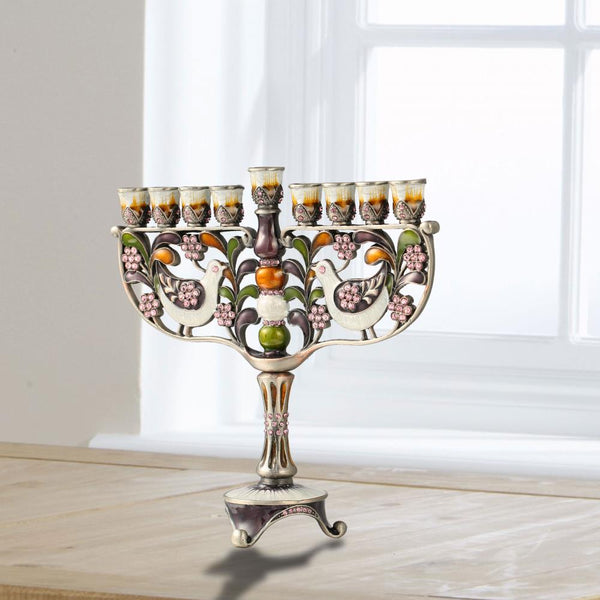 Menorah Embellished with Doves and Flowers Design