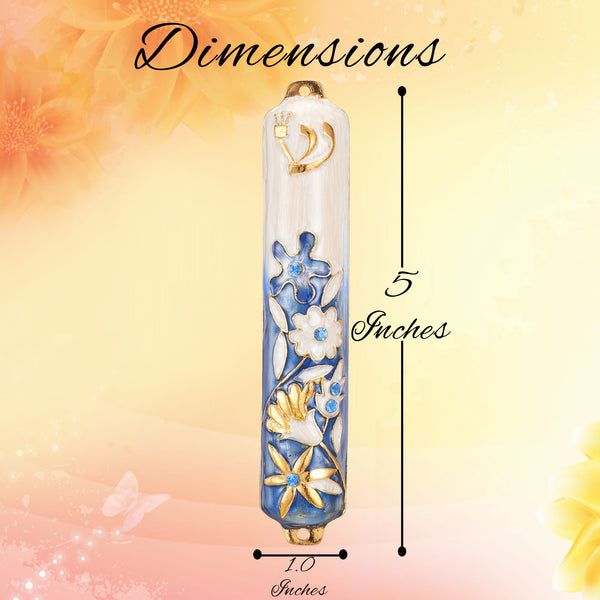 Blue and Gold Mezuzah with Flower Design