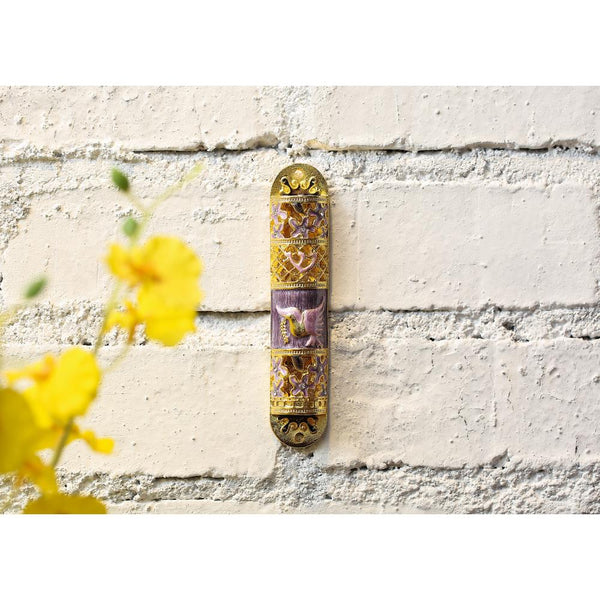 Purple and Gold Mezuzah with Floral Design