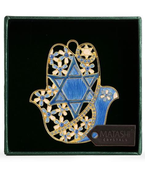 Hamsa Flower and Dove Blessing Ornament, Blue