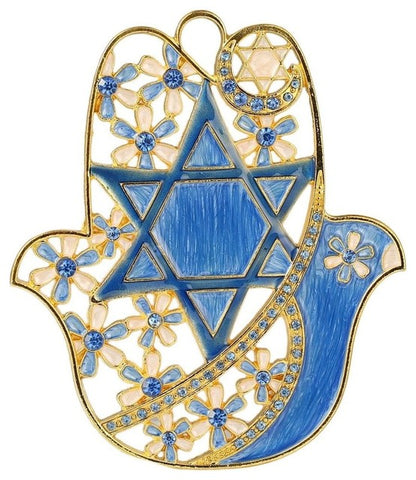 Hamsa Flower and Dove Blessing Ornament, Blue